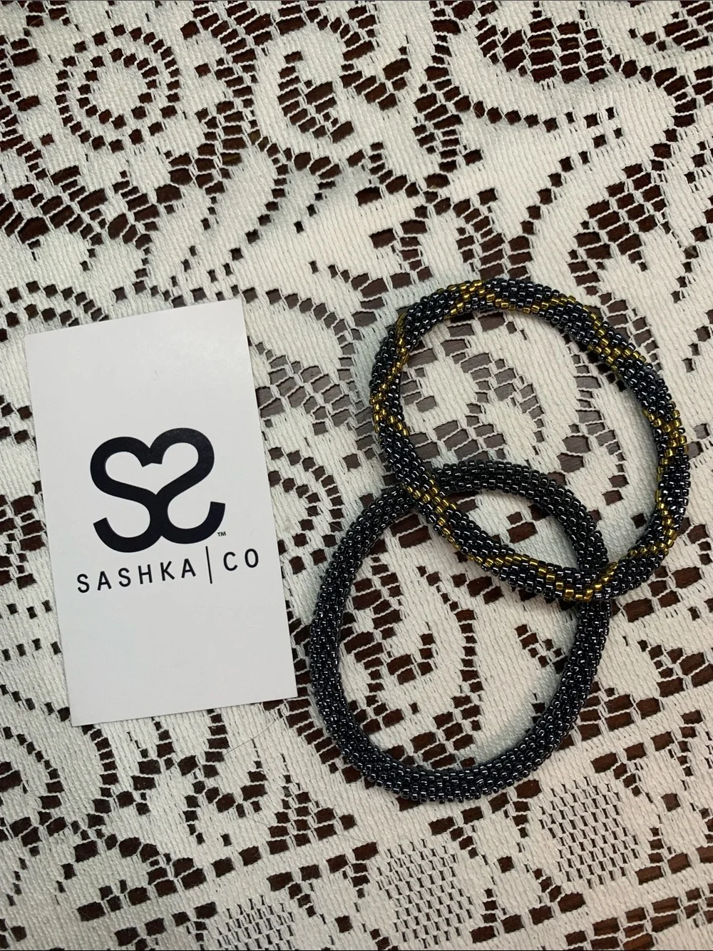 Gunmetal Grey/Gold Artisan Hand Beaded Bracelet set of 2